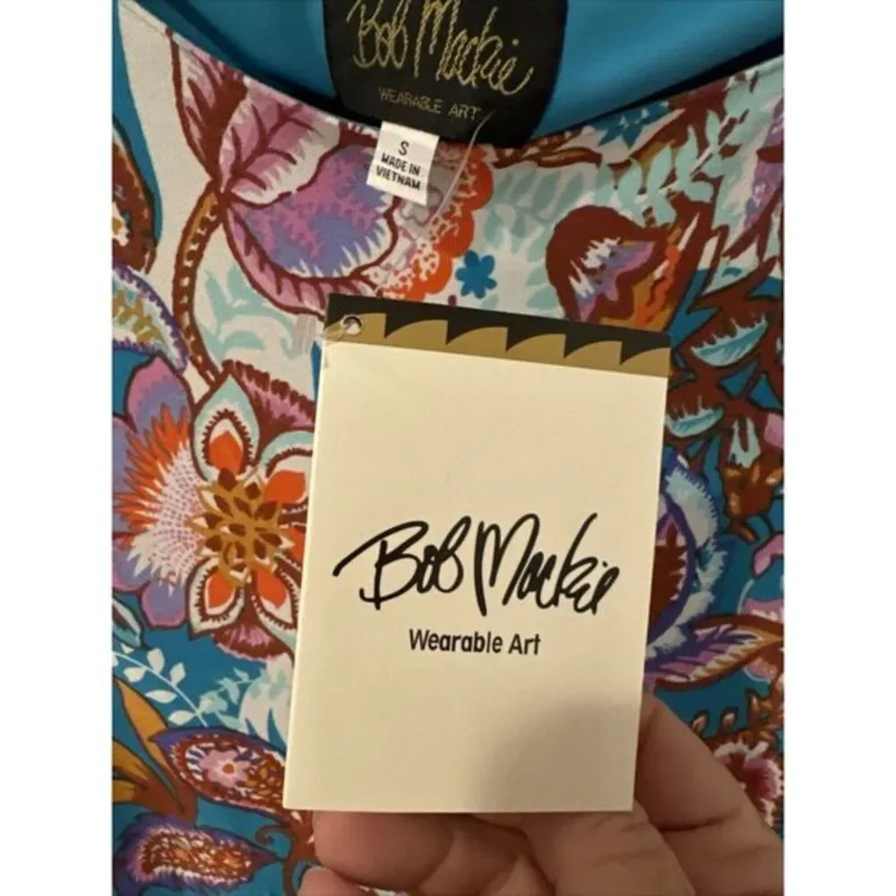 BOB MACKIE Wearable Art Size S Sheath Dress Blue Floral‎ 3/4 Sleeve NEW